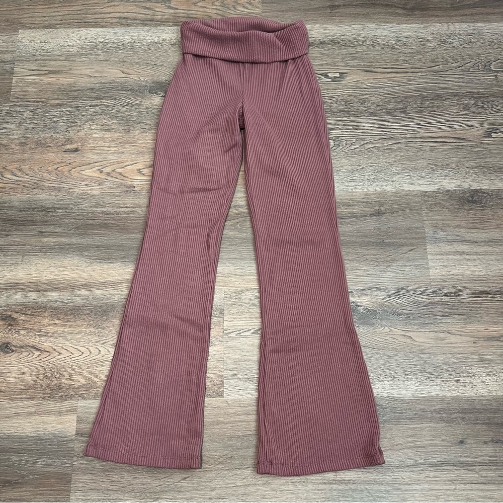 Wild Fable Ribbed Flare Pants in Pink Mauve Wide Leg Foldover Waist XS